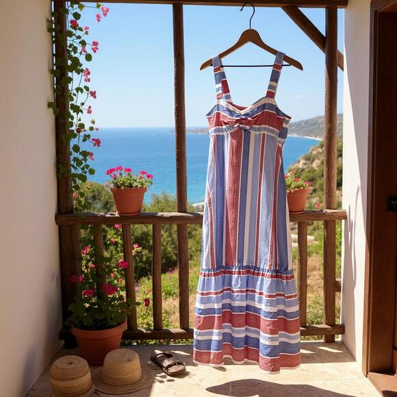 ZARA Striped Linen Blend Midi Sun Dress Red White Blue Mermaid Hem Womens Small - Picture 11 of 11